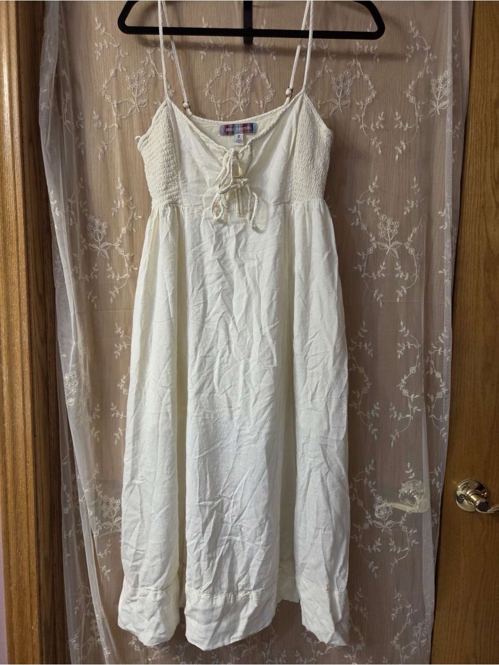Smocked Tie-Front White Maxi Dress with pockets